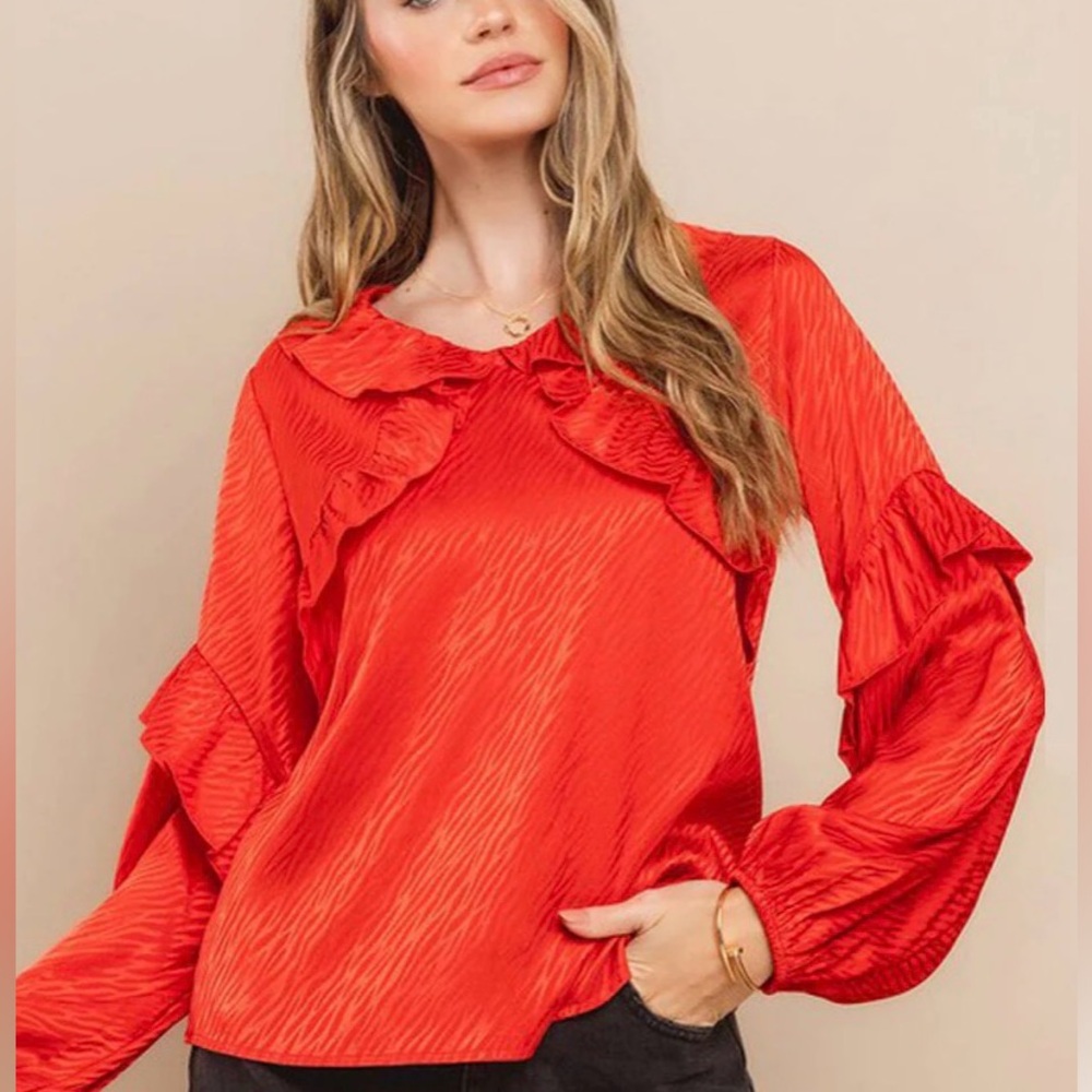 Red Ruffled Long Sleeve Blouse